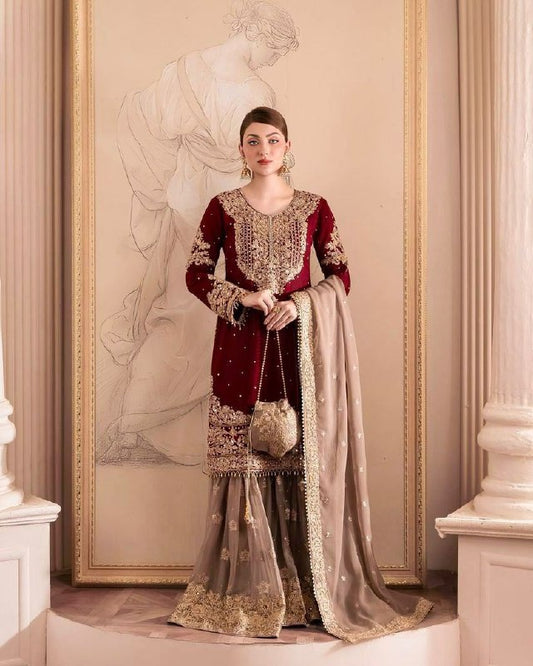 Real Mirror And Codding Sequence Embroidery Sharara Set For Women