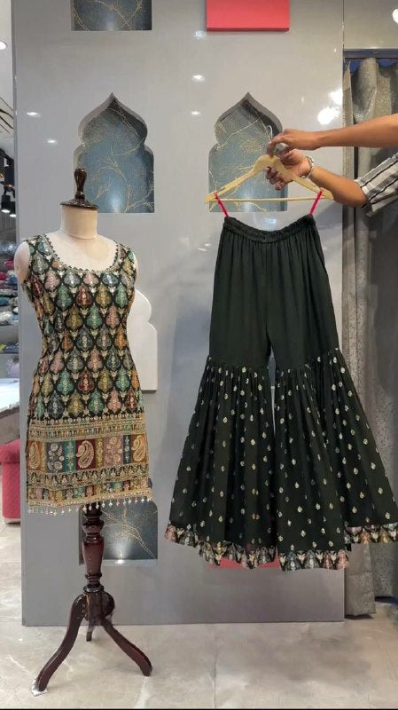 Heavy Faux Georgette With Heavy 3mm Embroidery Sequence Work With Full Sleeve With Latkan Dori Green Heavy Sharara Set