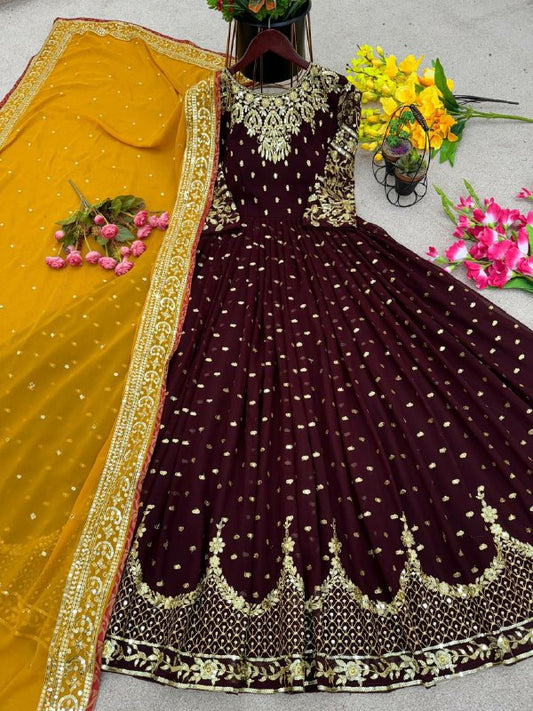 Faux Georgette With embroidery Sequence Work With Sleeve Gown