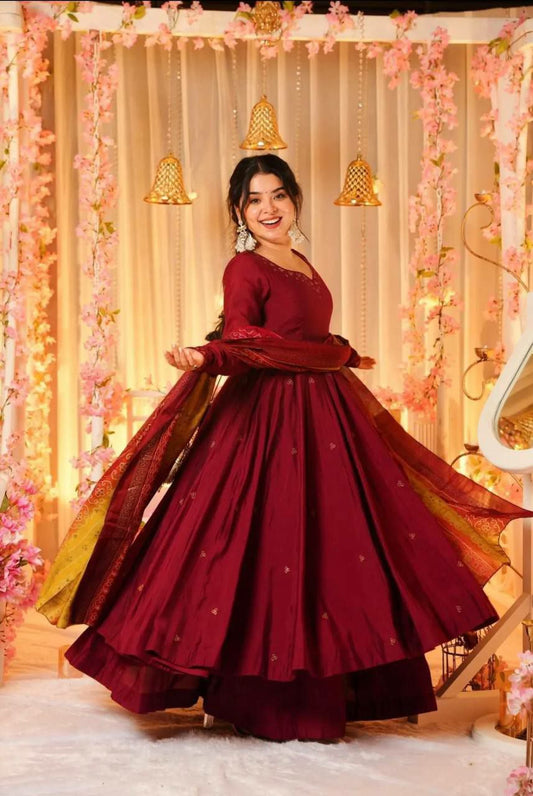 Top Fabric : Pure Chinnon Silk With Embroidery work With Fancy Full Sleeve Gown Set