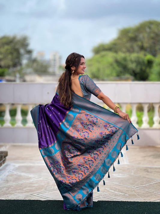 Soft Pethani silk saree with Gold &amp; silver zari weawing moon design Saree