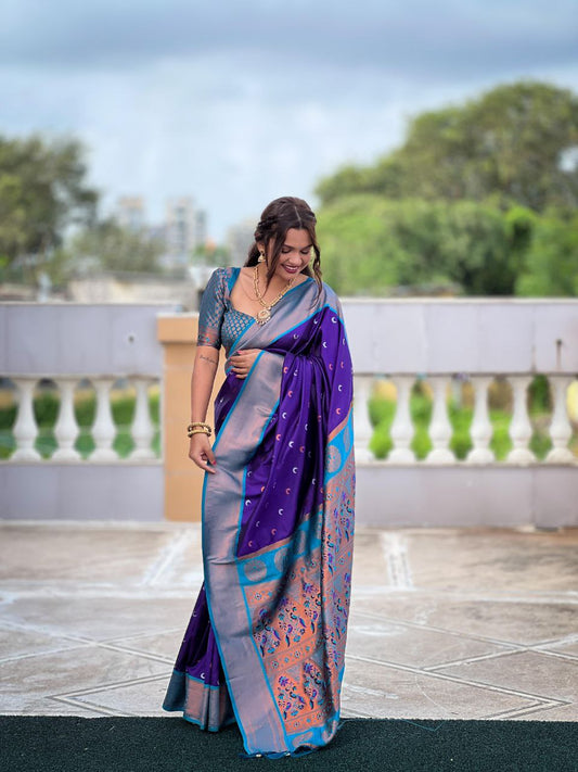 Soft Pethani silk saree with Gold &amp; silver zari weawing moon design Saree