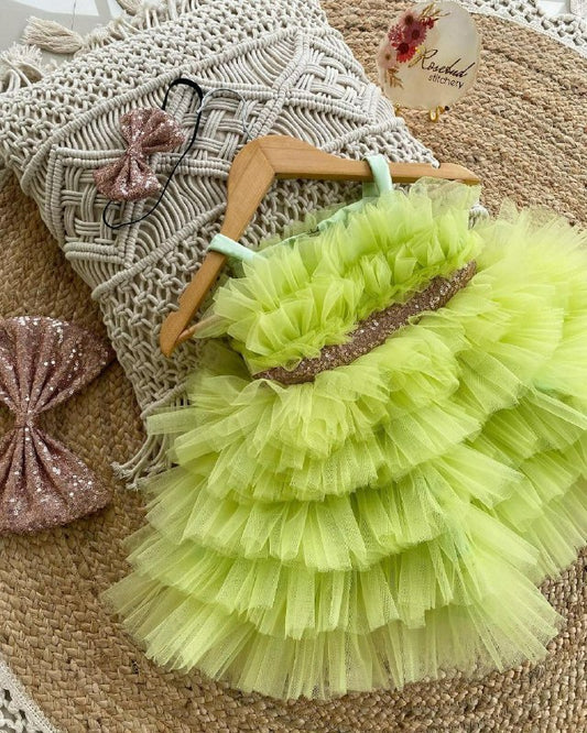 HEVY NET FULL FLAIR WITH FRILL AND SEQUENCE BELT  FROCK