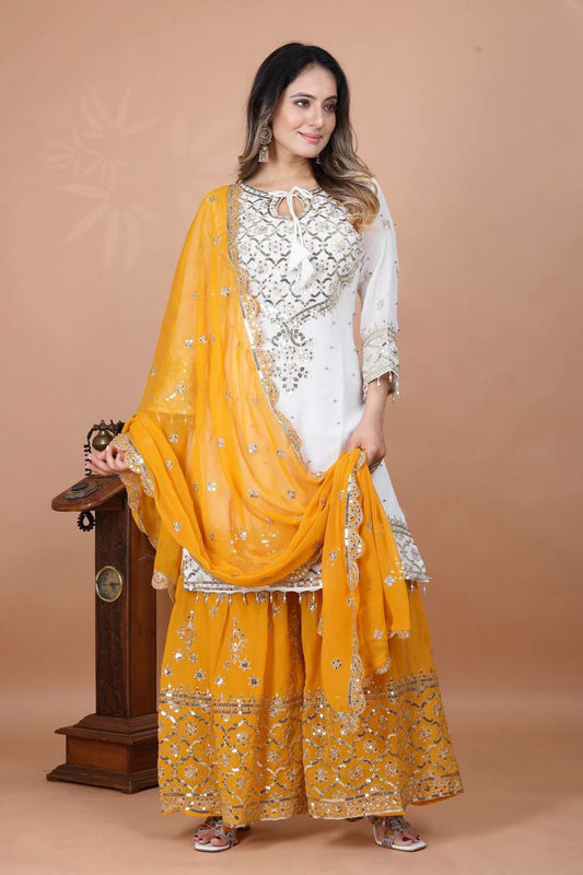 Heavy Faux Georgette And Embroidery Sequence Work With Fully Flair With Lace Border Sharara Palazzo Kurti