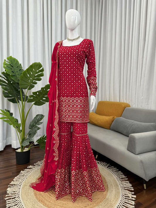 Foux Georgette & Thread With Sequence And 4-Side Lace Broder Dupatta With Stretchable Elastic Sharara Dress