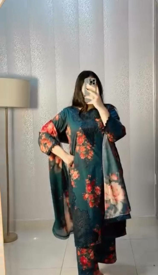 Heavy Natural Crape With Heavy Micro Cotton And Beautiful Digital Print Work And Embroidery Work Top & Bottom Dress