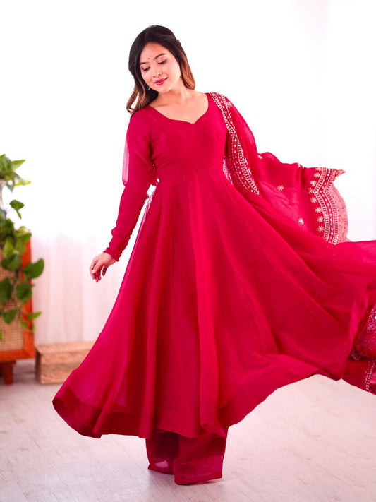Heavy Fandy Silk With Micro Cotton And Embroidery Sequence Work Dupatta Type Bottom Gown