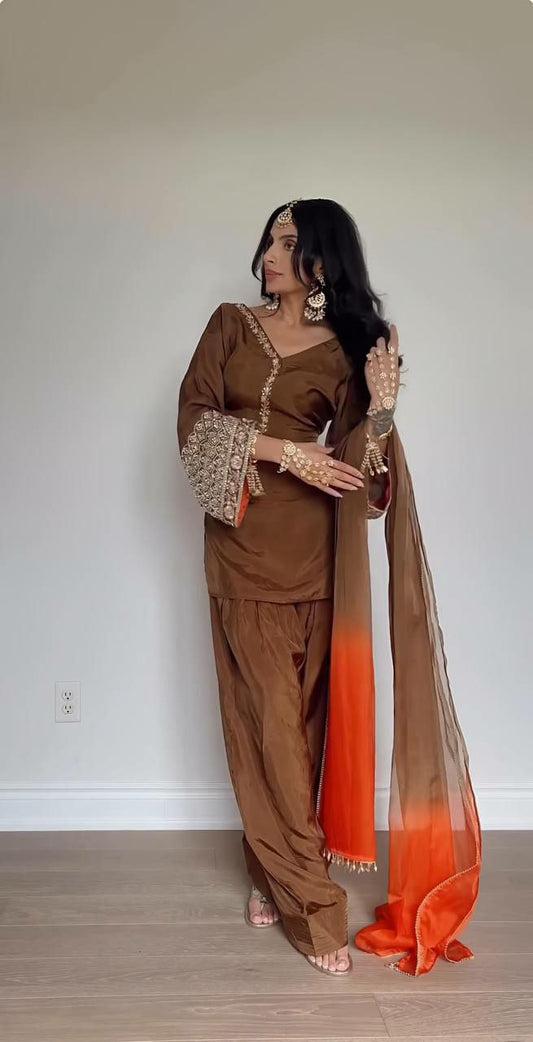 Natural Satin Silk With Heavy Micro Cotton And Embroidery Sequence Work With Elastic Farshi Pent Type Dress