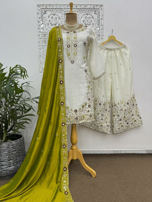 Pure Chinon Silk With Fancy Heavy Embroidery Sequence And Thread Work With Stone Hand Work Palazzo Suit