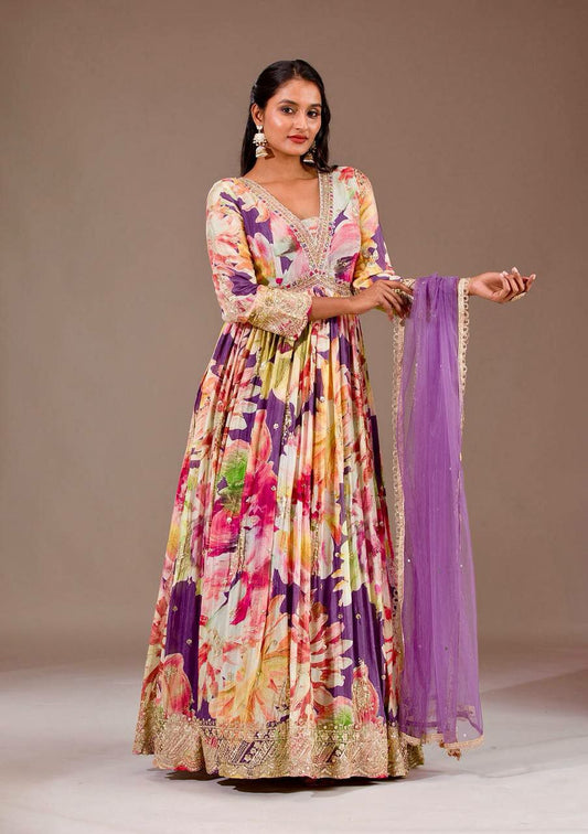 Heavy Chinon Silk With Embroidery Thread & Sequins Work With Digital Floral Prints & Real Mirror Work With Fancy Lace Border Dupatta Type Gown