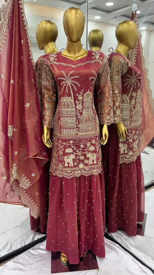 Twill Net With Beads Work With Elastic And Embroidery Sequence Work With Lace Border Top & Palazzo
