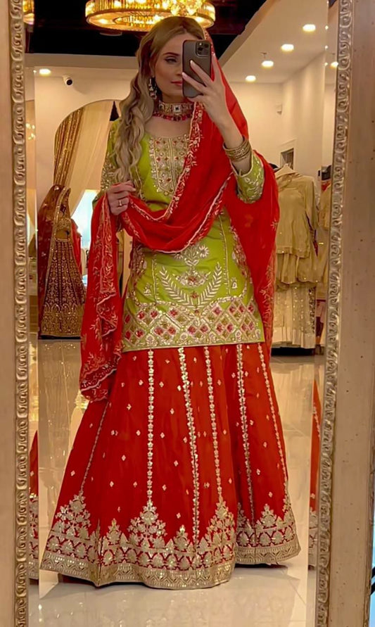 Heavy Chinon Silk With Sequence Embroidery Work And Four Side Lace Border Dupatta Type Palazzo Dress
