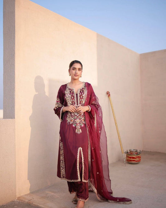 Pure Natural Satin Silk With Embroidery Sequence & Coding Dori Work With Cutwork Dupatta With Elastic Palazzo Dress