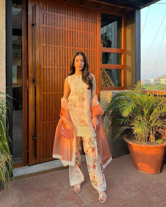 Pure Sifon Georgette With Digital Print With Heavy Embroidery Work With Elastic Farshi Palazzo Dress