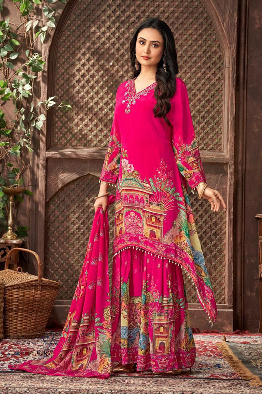 HEAVY FUAX GEORGETTE AND FANCY DIGITAL PRINT WITH REAL MIRROR & FANCY LACE AND HAND WORK TYPE PALAZZO DRESS