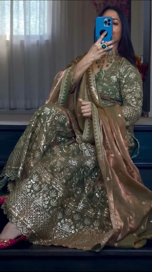 Heavy Fandy Crush Silk With Sequence Embroidery Work & Fancy Lees Dupatta Type Sharara Palazzo Dress