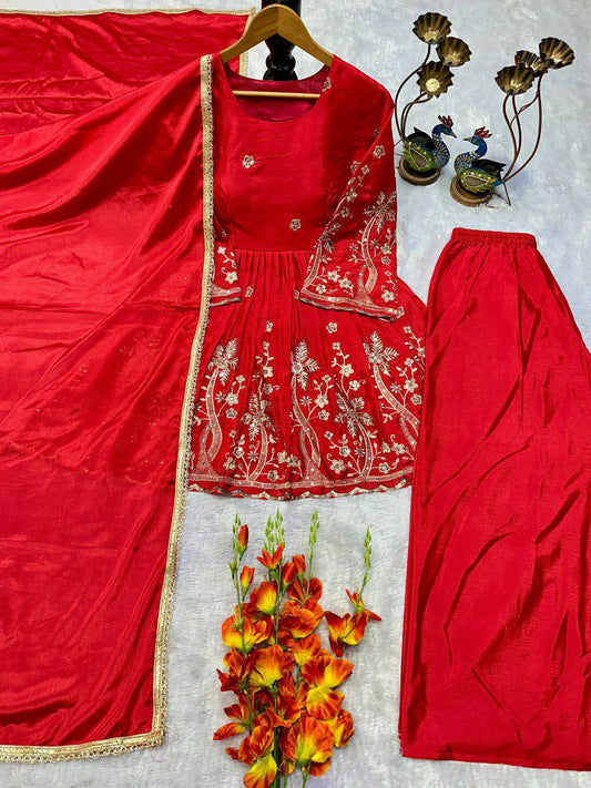 HEAVY CHINON SILK WITH HEAVY EMBROIDERY WORK AND ELASTIC BOTTAM TYPE DRESS