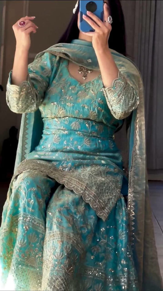Heavy Fandy Crush Silk With Sequence Embroidery Work & Fancy Lees Dupatta Type Sharara Palazzo Dress