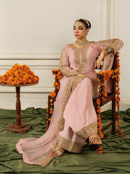 PURE CHINON SILK WITH ATTRACTIVE EMBROIDERY SEQUENCE WORK AND READY MADE LACE AT BORDER PALAZZO KURTI