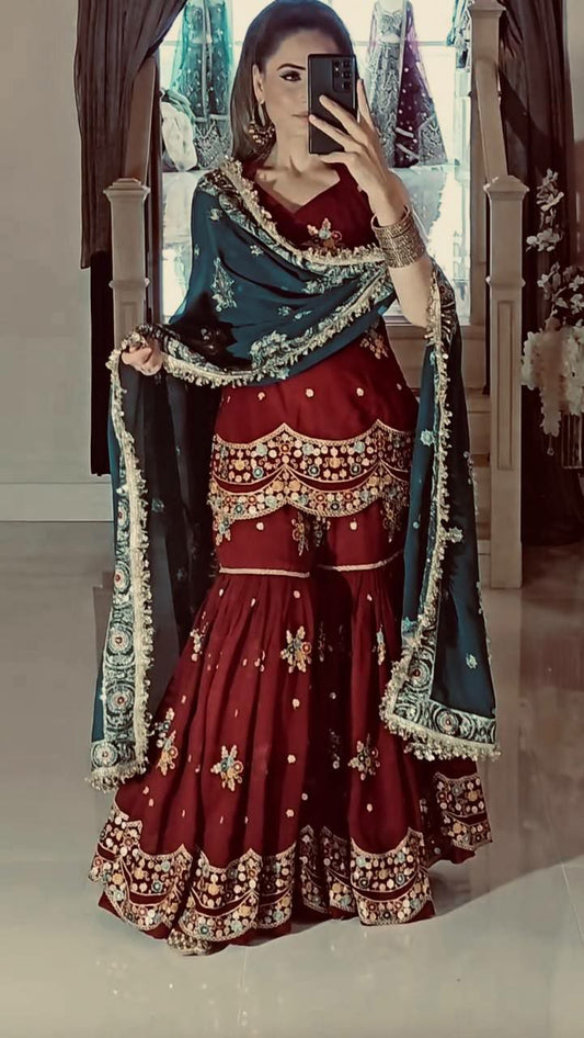 Heavy Faux Georgette And Heavy Micro Cotton With Embroidery Sequence Work And Lace Border Sharara Palazzo