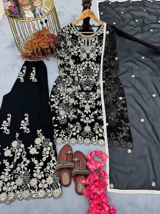 Heavy Faux Georgette And Heavy Embroidery Sequence Work With Tassels With Cutwork And Four Side Lace Border Palazzo Dress