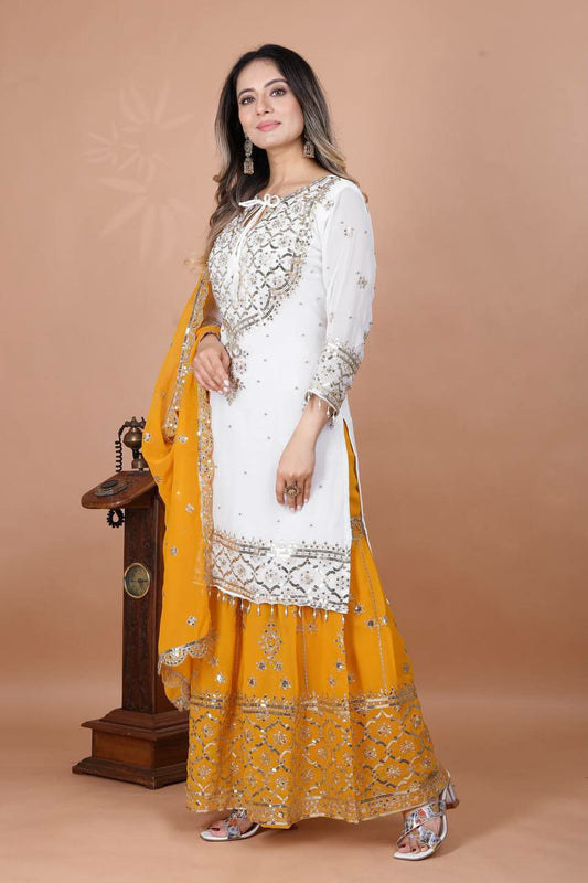 Heavy Faux Georgette And Embroidery Sequence Work With Fully Flair With Lace Border Sharara Palazzo Kurti