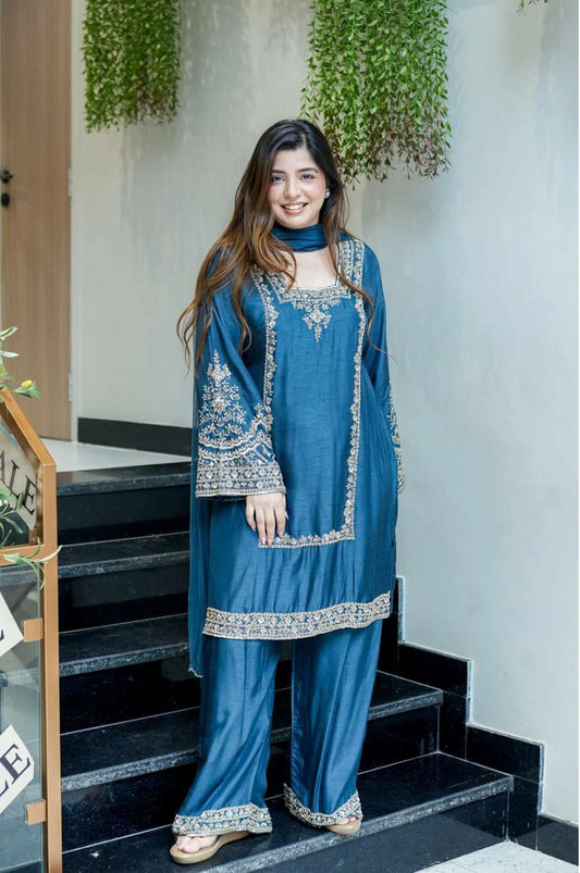 German Chiffon And Embroidery Sequence Work With Elastic And Lace Border Work Palazzo Dress