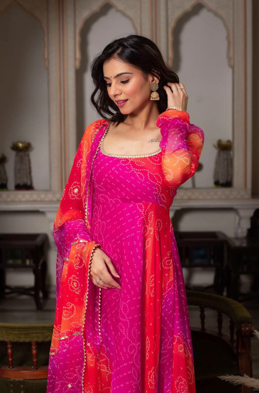 Faux Georgette With Soft Micro Cotton And Digital print With Sequence With 4-Side Work Border Dupatta Type Anarkali Gown