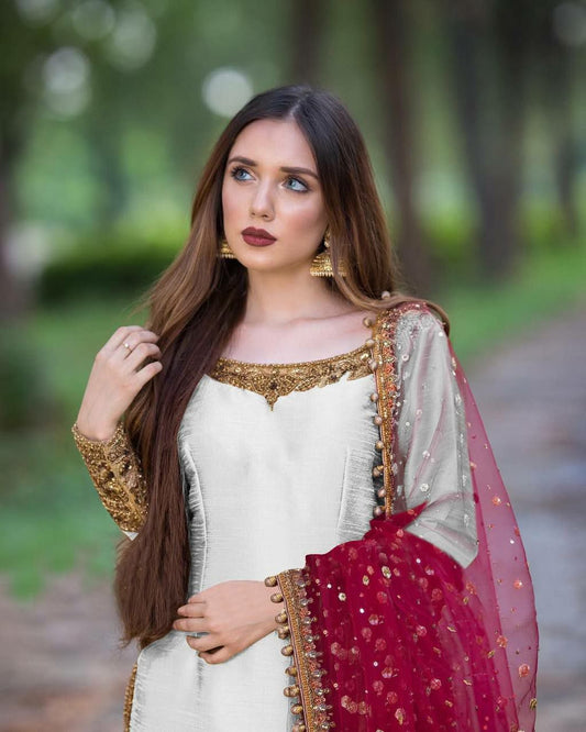 Pure Chinon Silk With Micro Cotton And Embroidery Sequins Work With Hanging Moti Lace Border Palazzo Kurti