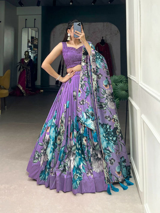 Tasar Silk & Floral Print With Lace Touch Up & Drawstring With Heavy Tassels And Zip Lehenga Choli