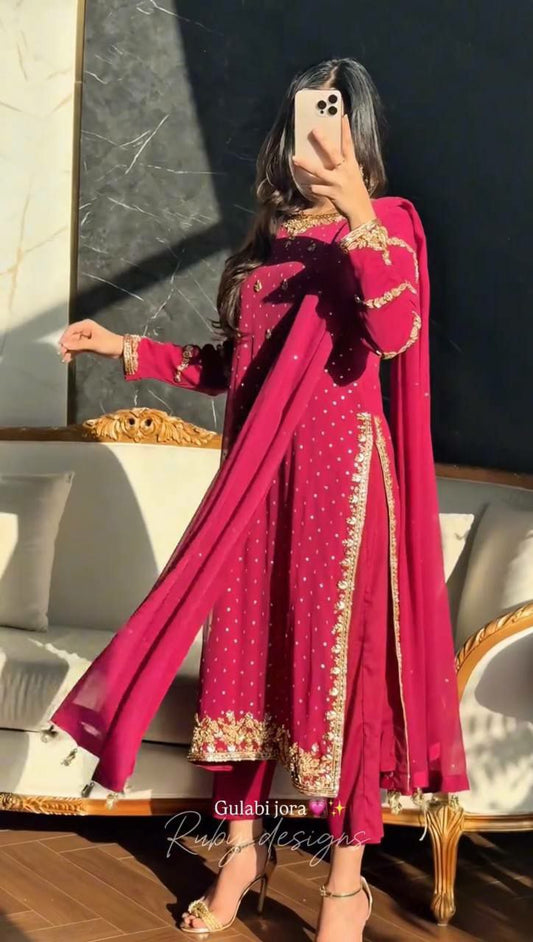 Heavy Faux Georgette And Fancy Embroidery And Sequins Work With Cover Patta Border Dupatta Type Top & Bottom Dress