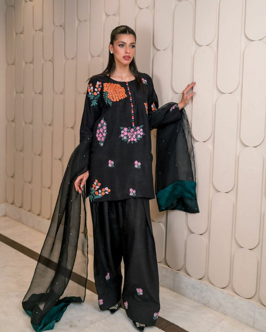 Pure Natural Crepe Silk With Embroidery Sequence Work & Soft Net With Moti Hand Work Dupatta Type Farshi Palazzo Dress