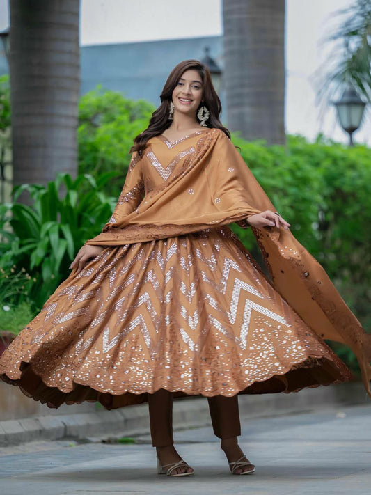 Heavy Pure Chinon Silk And Sequence Embroidery Work With Fancy Full Sleeves Bordar Anarkali Dress