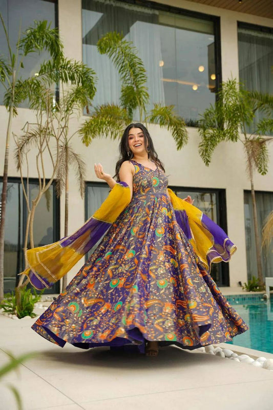 Digital Printed Jimmy Organza Silk Suit With Huge Flair And Organza Printed Dupatta With Lace Border Anarkali Gown