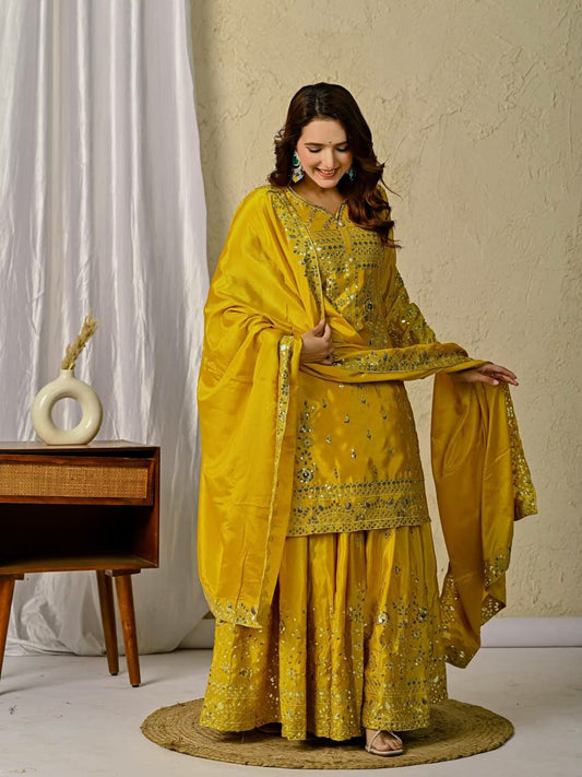 Heavy Chinon Silk Material With Sequence Embroidery Work And Fancy Lees Dupatta Type Sharara Palazzo Dress