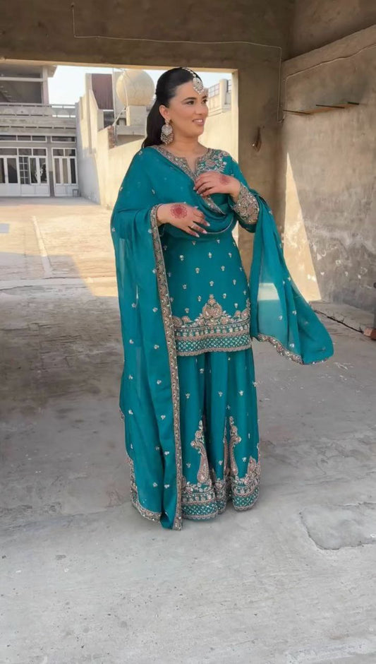 HAVY CHINON SILK WITH HAVY EMBROIDERY WORK AND FOUR SAID LACE WORK TOP & BOTTAM DRESS