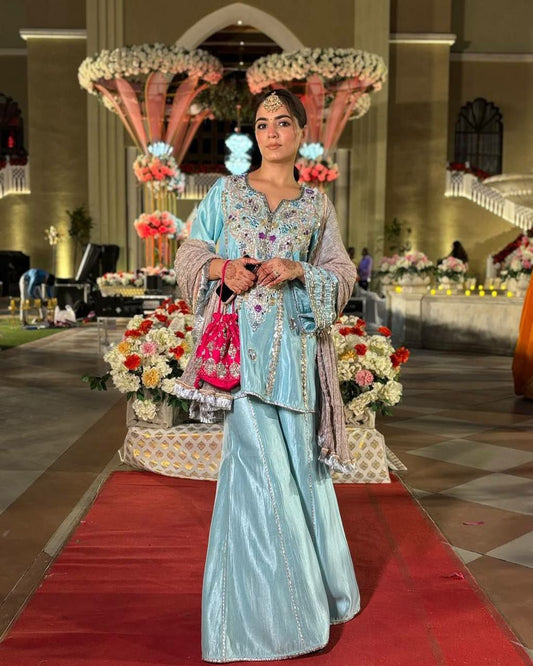 HEAVY NATURAL CREAP AND HEAVY EMBROIDERED SEQUENCE WORK WITH REAL MIRROR HAND WORK AND LACE BODAR SHARARA DRESS