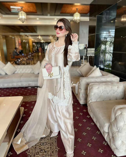 HEAVY NATURAL SILK AND EMBROIDRY WORK WITH HEAVY PERAL MOTI HAND WORK AND HEAVY SOFT NET DUPATTA PALAZZO DRESS