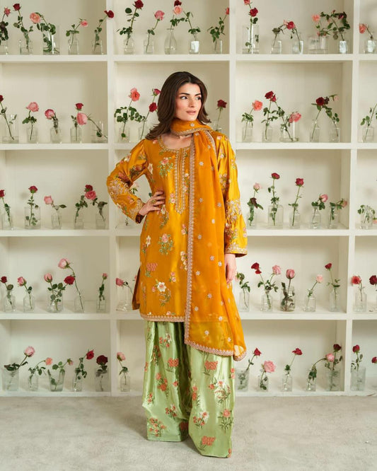 Natural Crepe Silk With Embroidery Siquence Work And Less Border With Elastic Farshi Pent Type Dress
