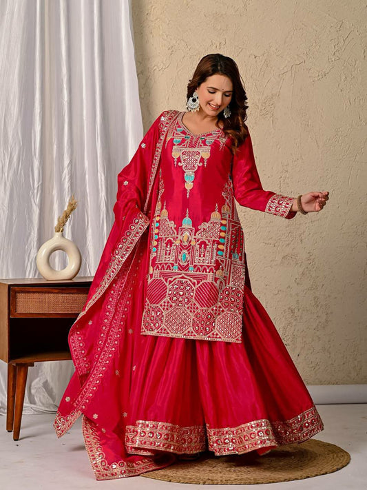 Heavy Chinon Silk Material With Sequence Embroidery Work With Fancy Lees Sharara Palazzo Dress