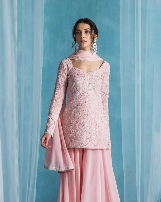 GEORGETTE WITH MICRO INNER AND SEQUANCE EMBROIDERY WORK PALAZZO SUIT
