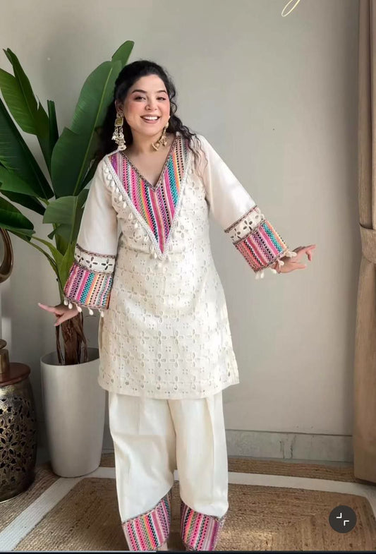 Pure Khadi Cotton With Schiffli Work And Thread Work With Farsi Pent Type Suit