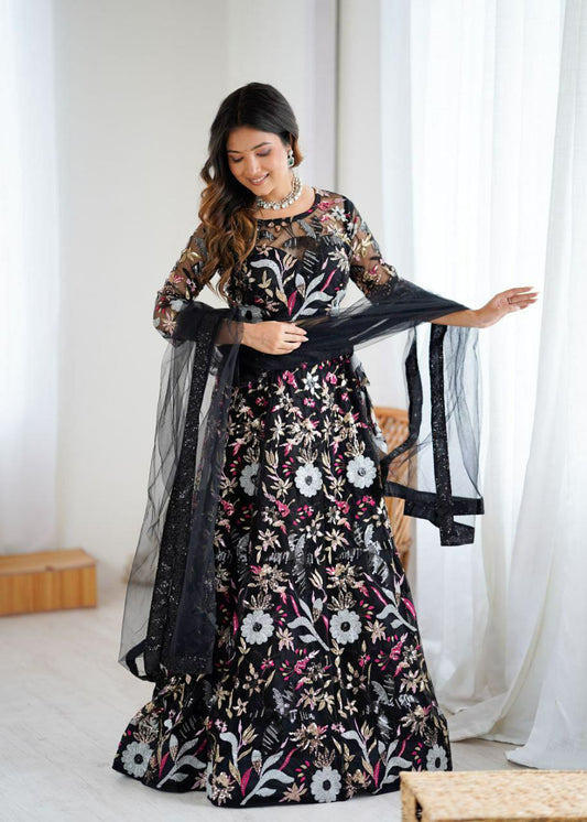 Premium Butterfly Net With Beautiful Heavy Thread Embroidery Work With Heavy Cancan And Canvas Lehenga Choli