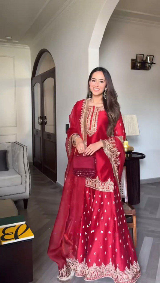 Chinon Silk With Micro Inner And Thread & Sequence With Four Side Lace Border Work Top & Lehenga