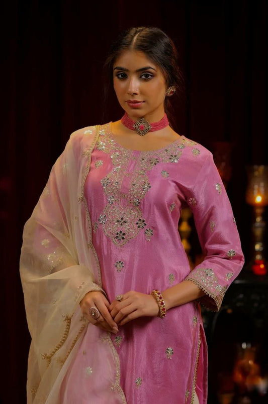 PURE CHINON SILK WITH BEAUTIFUL & PRETTY EMBROIDERY SEQUENCE WORK WITH CODING WORK PALAZZO KURTI
