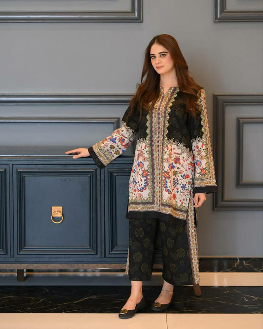 Pure Natural Crepe And Digital Print With Elastic With Sleeves Type Palazzo Suit