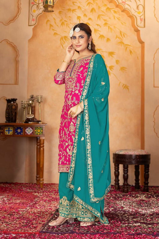 HEAVY FUAX GEORGETTE AND MICRO COTTON WITH EMBROIDERY SEQUINS WORK LESS BODAR PALAZZO DRESS