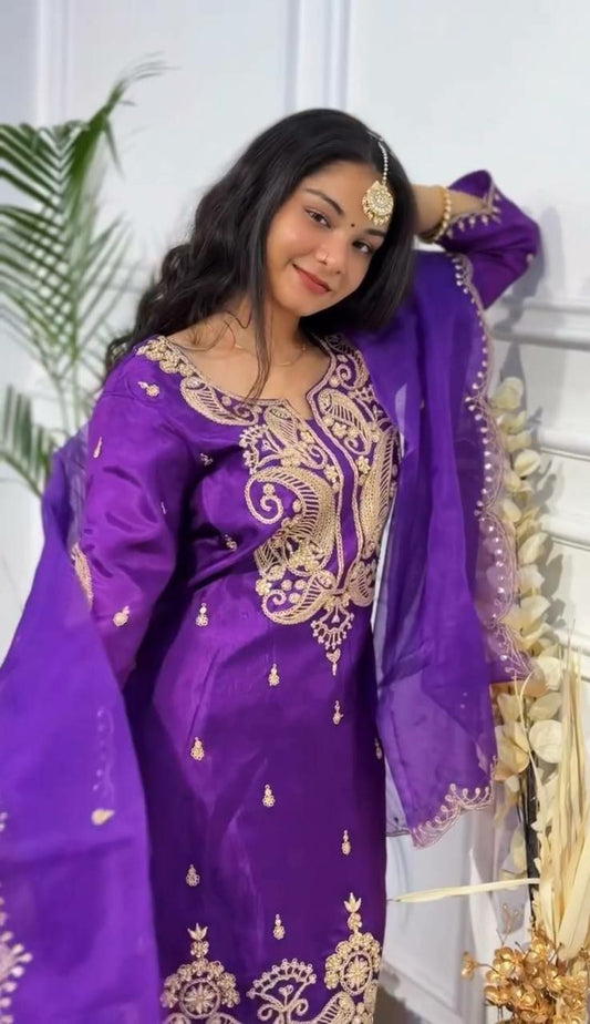 HAVY CHINON SILK WITH HAVY EMBROIDERY WORK & RUFFL WORK WITH MICRO COTAN AND ELASTIC BOTTAM DRESS
