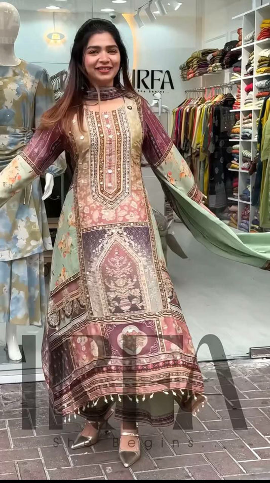 HEAVY FUAX GEORGETTE AND DIGITAL PRINT WITH REAL MIRROR & READYMADE CHAKRI HAND WORK WITH FANCY LESS TOP & PALAZZO