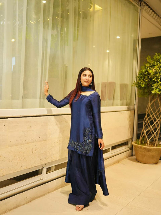 Pure Natural Crepe Silk With Heavy Micro Cotton And Embroidery Sequence Work With Elastic Farshi Palazzo Dress